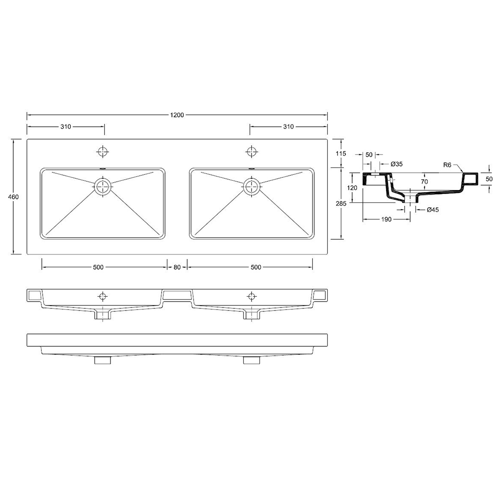 Wiesbaden Kera Wastafel  Dubbel 120cm Keramiek Glans Wit